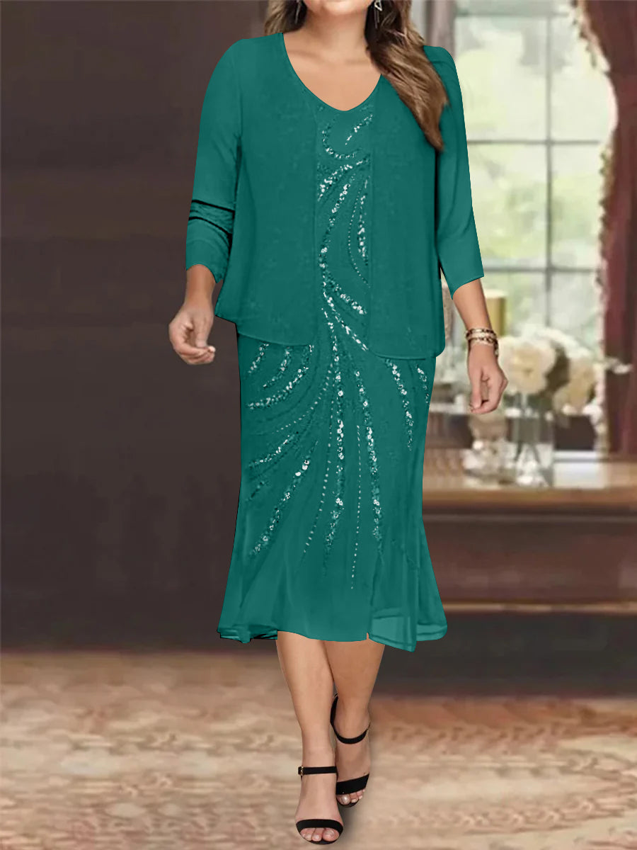 Plus Size V Neck Chiffon Mother of the Bride Dress Set with Jacket and Sequins Knee Length