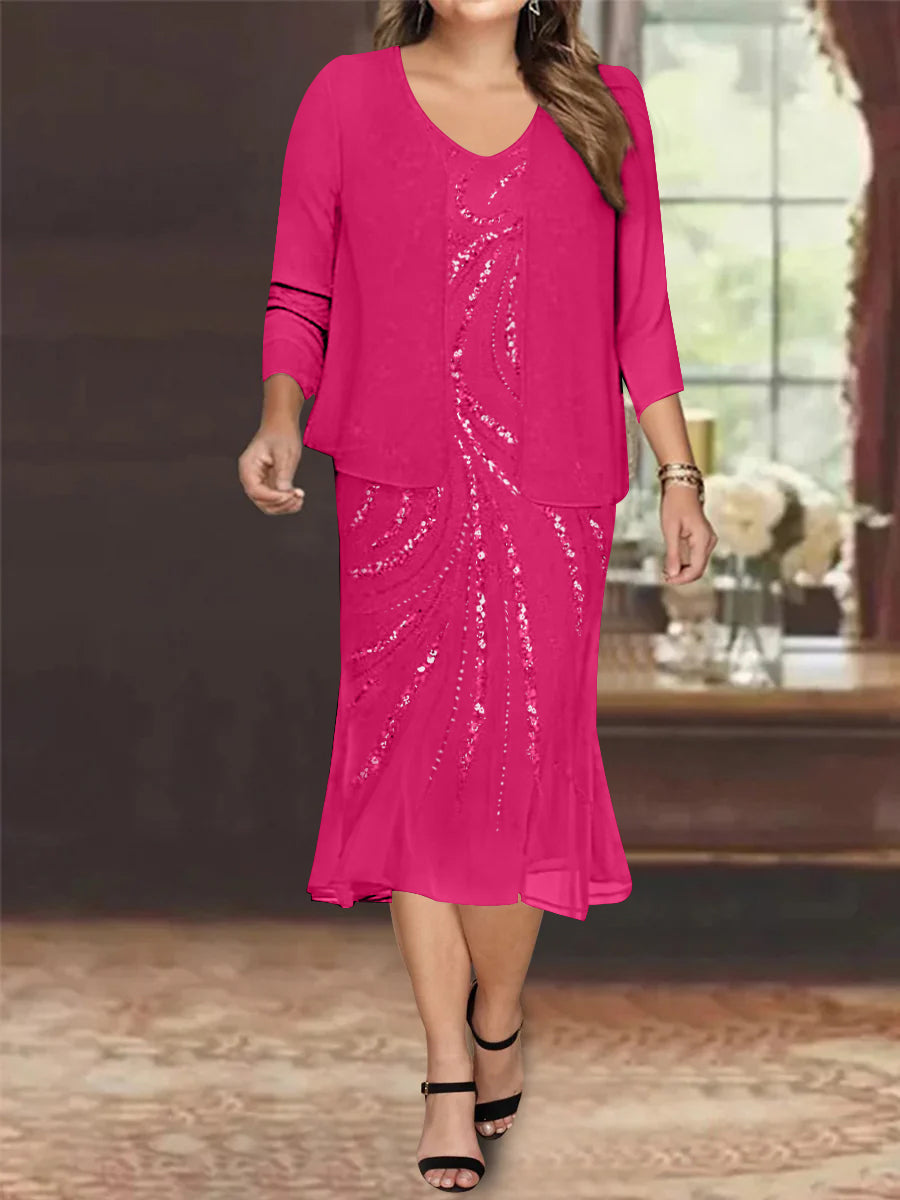 Plus Size V Neck Chiffon Mother of the Bride Dress Set with Jacket and Sequins Knee Length