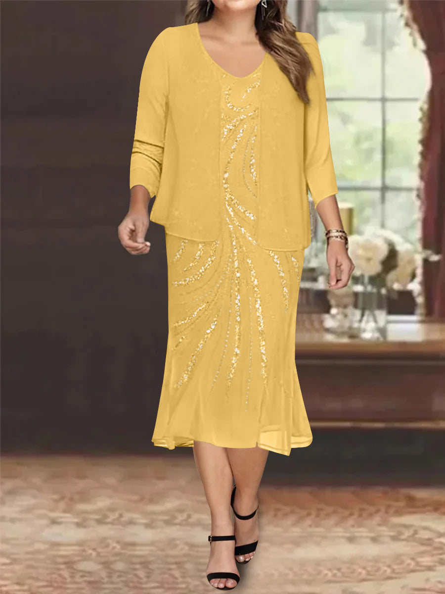 Plus Size V Neck Chiffon Mother of the Bride Dress Set with Jacket and Sequins Knee Length