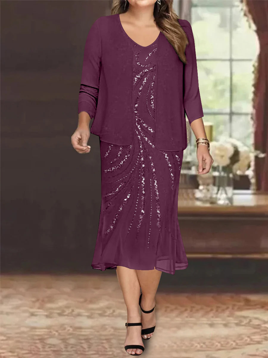 Plus Size V Neck Chiffon Mother of the Bride Dress Set with Jacket and Sequins Knee Length