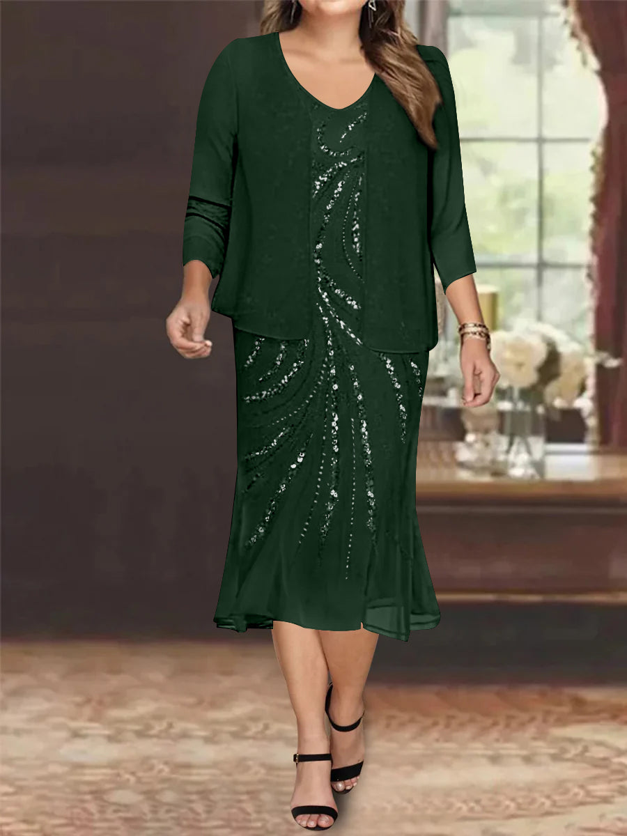 Plus Size V Neck Chiffon Mother of the Bride Dress Set with Jacket and Sequins Knee Length