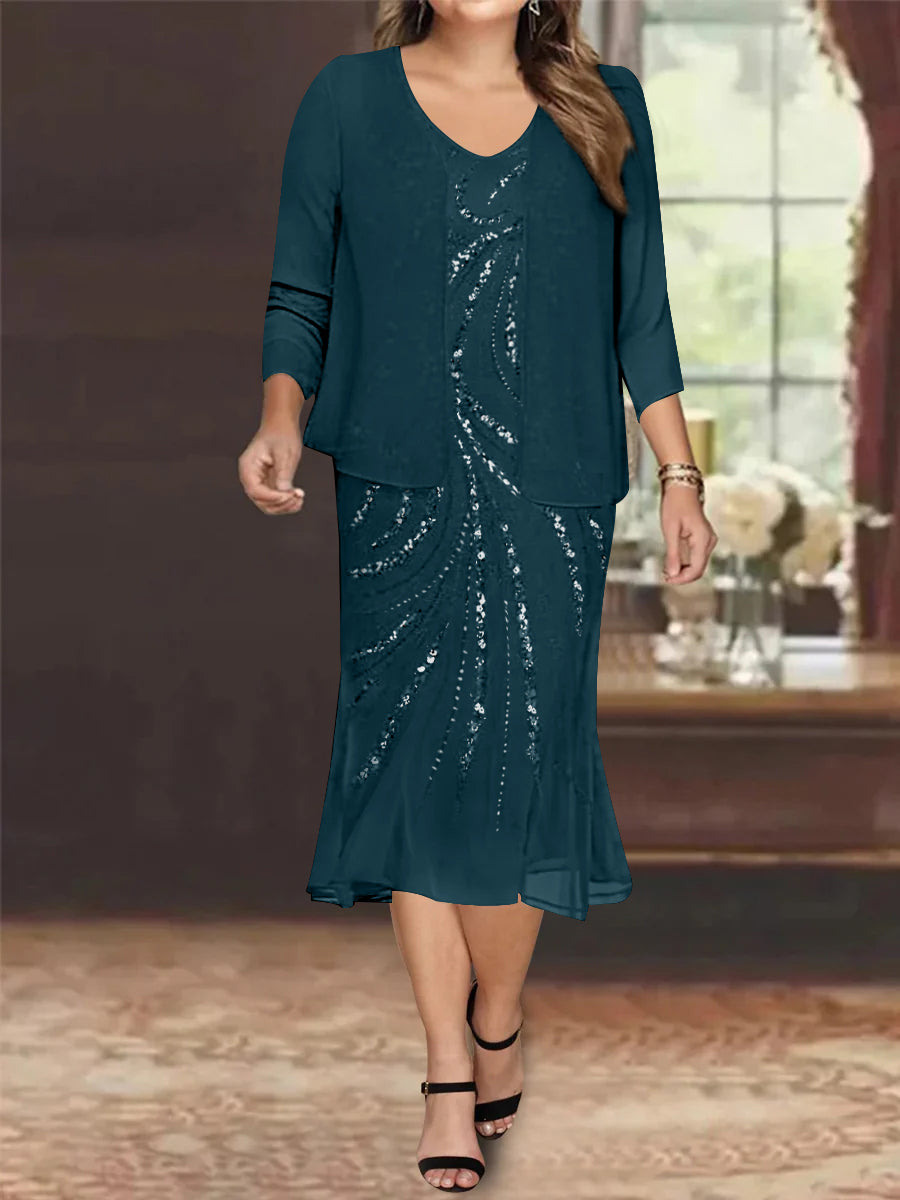 Plus Size V Neck Chiffon Mother of the Bride Dress Set with Jacket and Sequins Knee Length