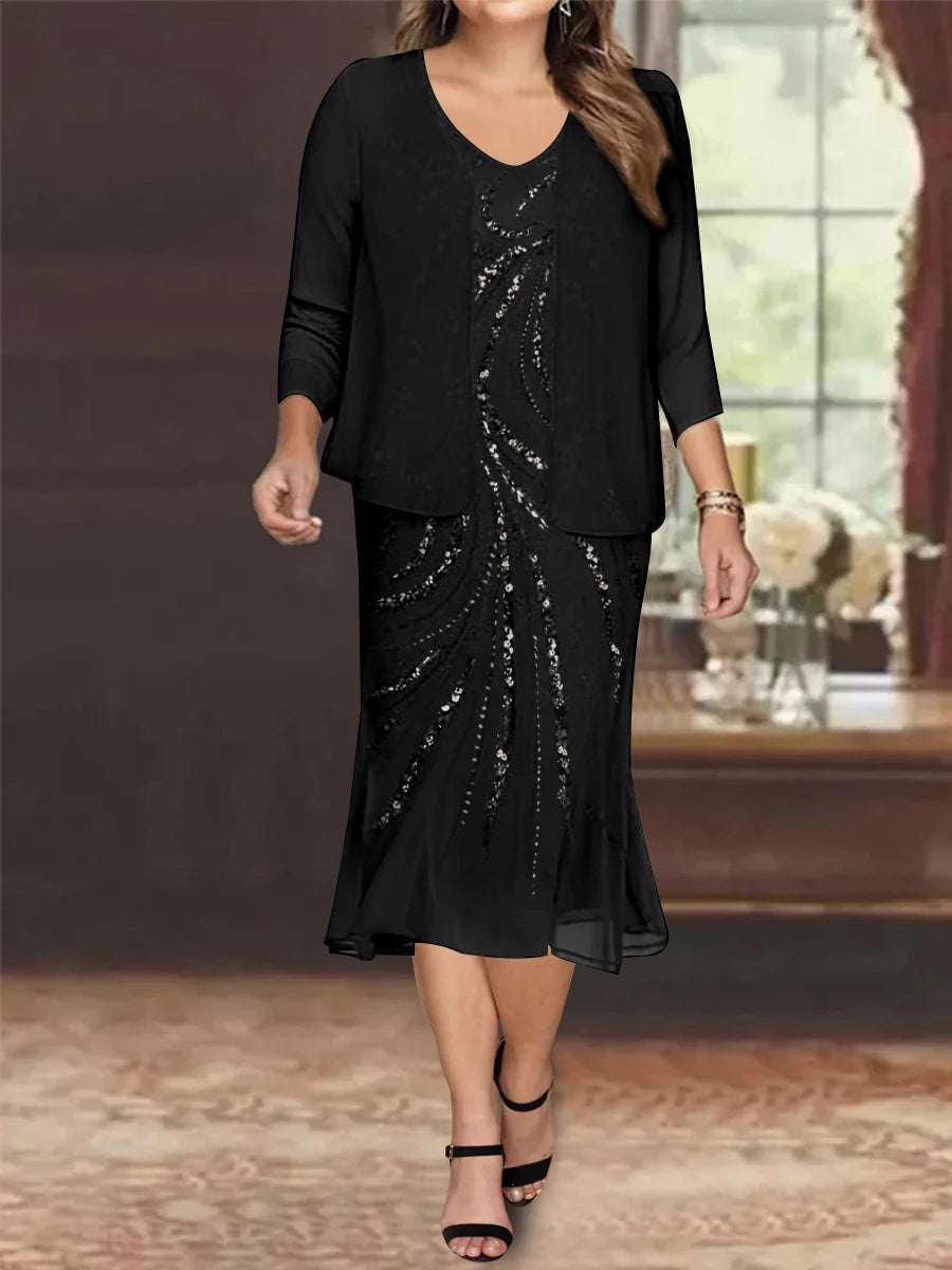 Plus Size V Neck Chiffon Mother of the Bride Dress Set with Jacket and Sequins Knee Length