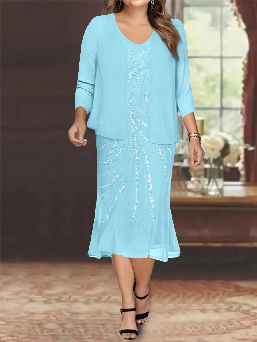 Plus Size V Neck Chiffon Mother of the Bride Dress Set with Jacket and Sequins Knee Length