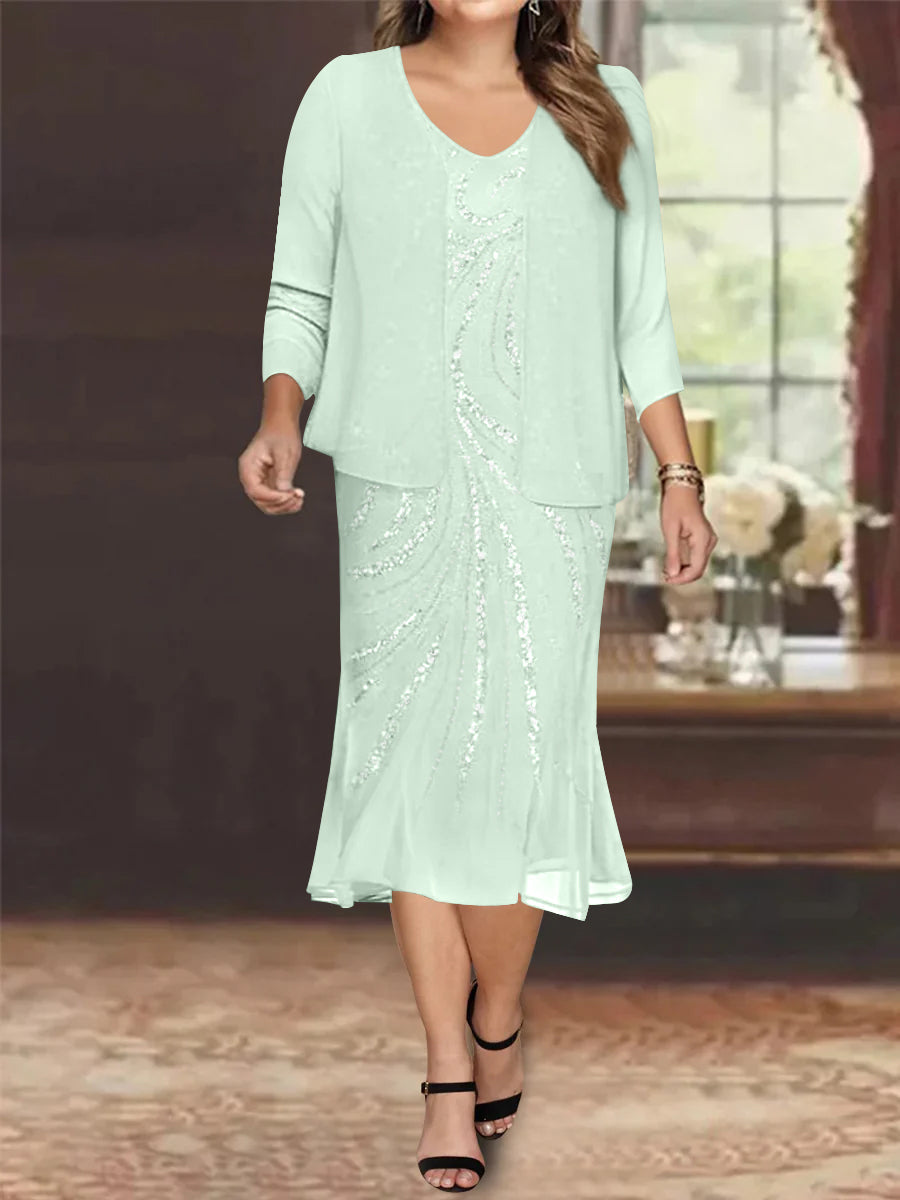 Plus Size V Neck Chiffon Mother of the Bride Dress Set with Jacket and Sequins Knee Length