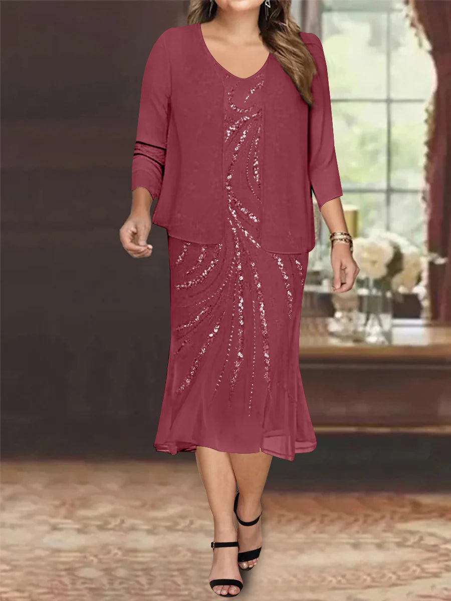 Plus Size V Neck Chiffon Mother of the Bride Dress Set with Jacket and Sequins Knee Length