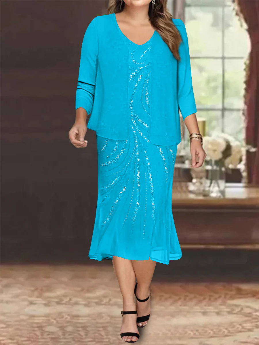 Plus Size V Neck Chiffon Mother of the Bride Dress Set with Jacket and Sequins Knee Length