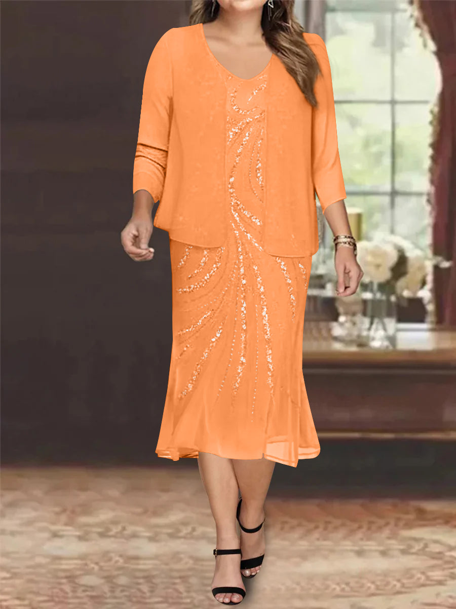 Plus Size V Neck Chiffon Mother of the Bride Dress Set with Jacket and Sequins Knee Length