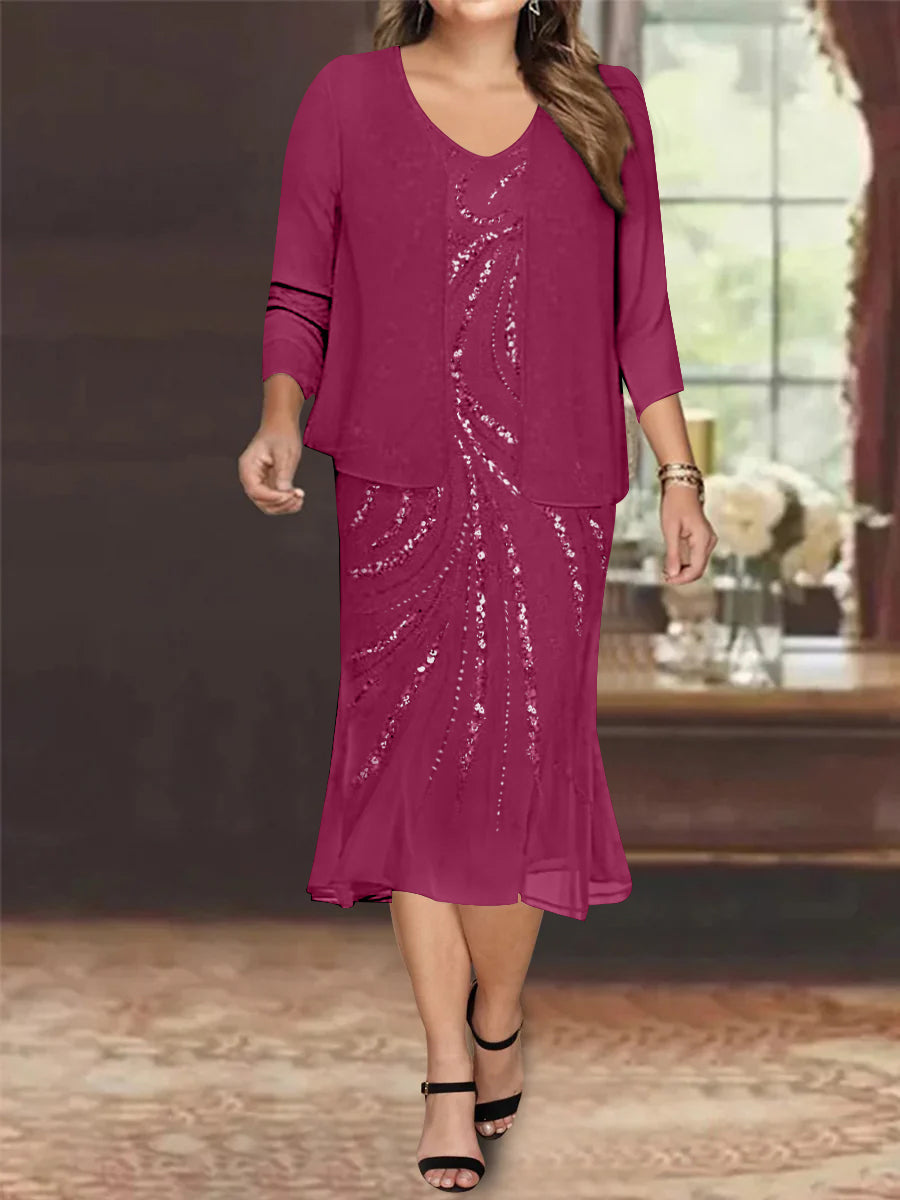Plus Size V Neck Chiffon Mother of the Bride Dress Set with Jacket and Sequins Knee Length