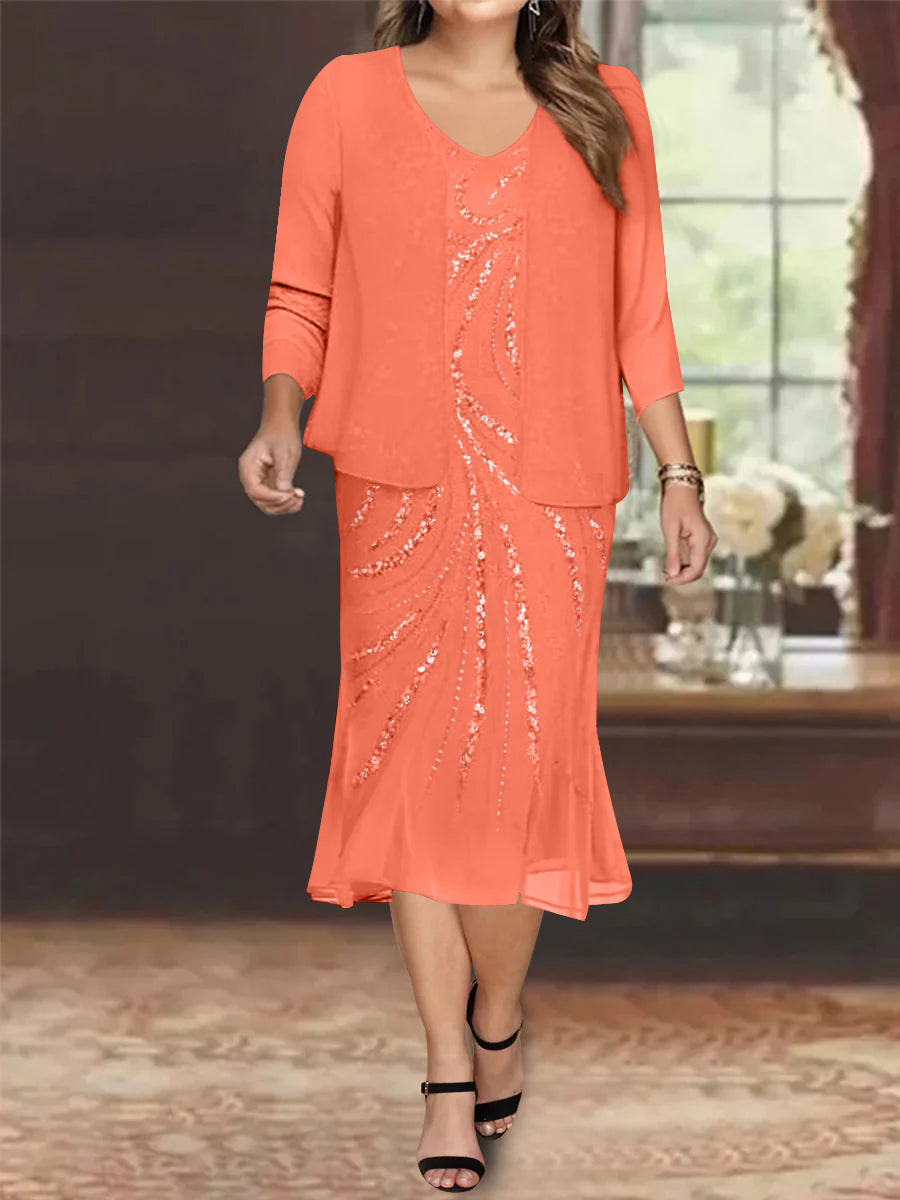 Plus Size V Neck Chiffon Mother of the Bride Dress Set with Jacket and Sequins Knee Length