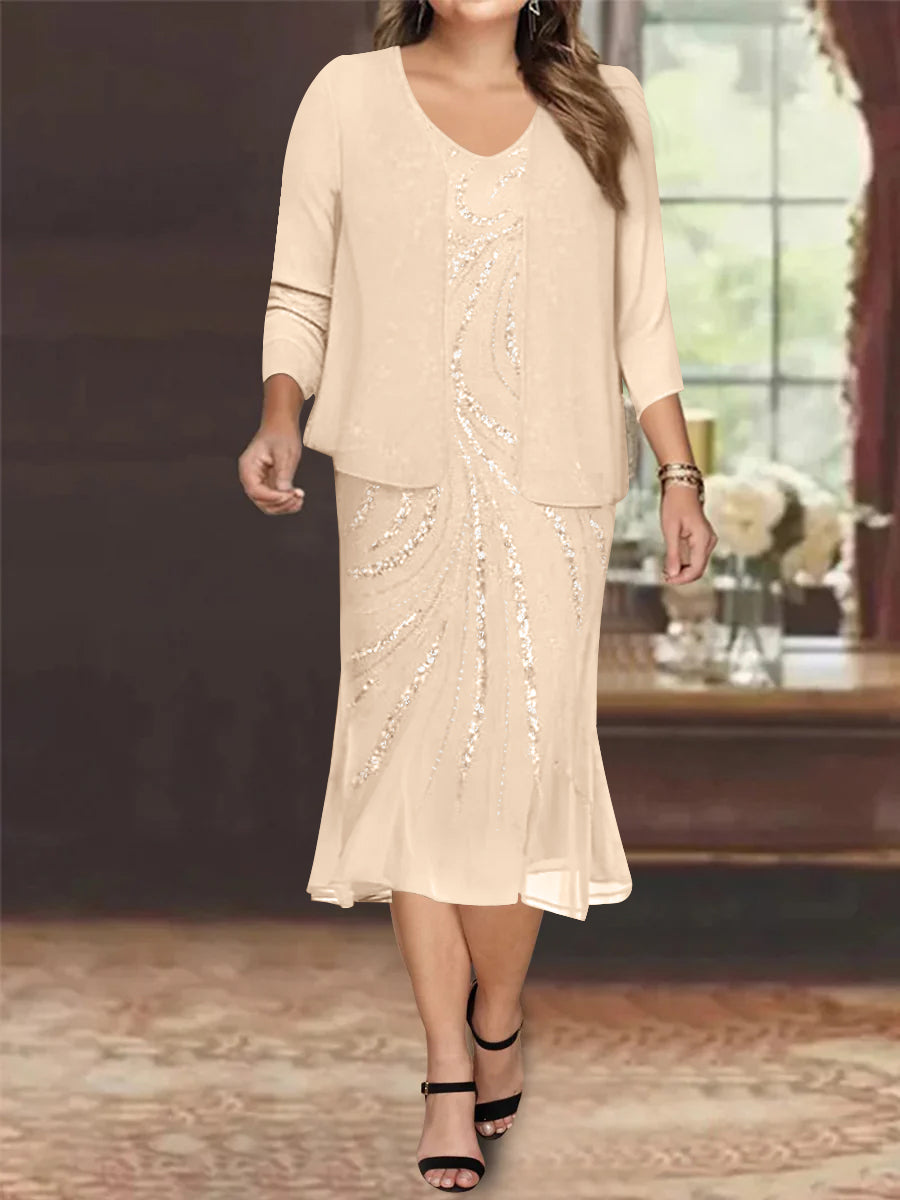 Plus Size V Neck Chiffon Mother of the Bride Dress Set with Jacket and Sequins Knee Length