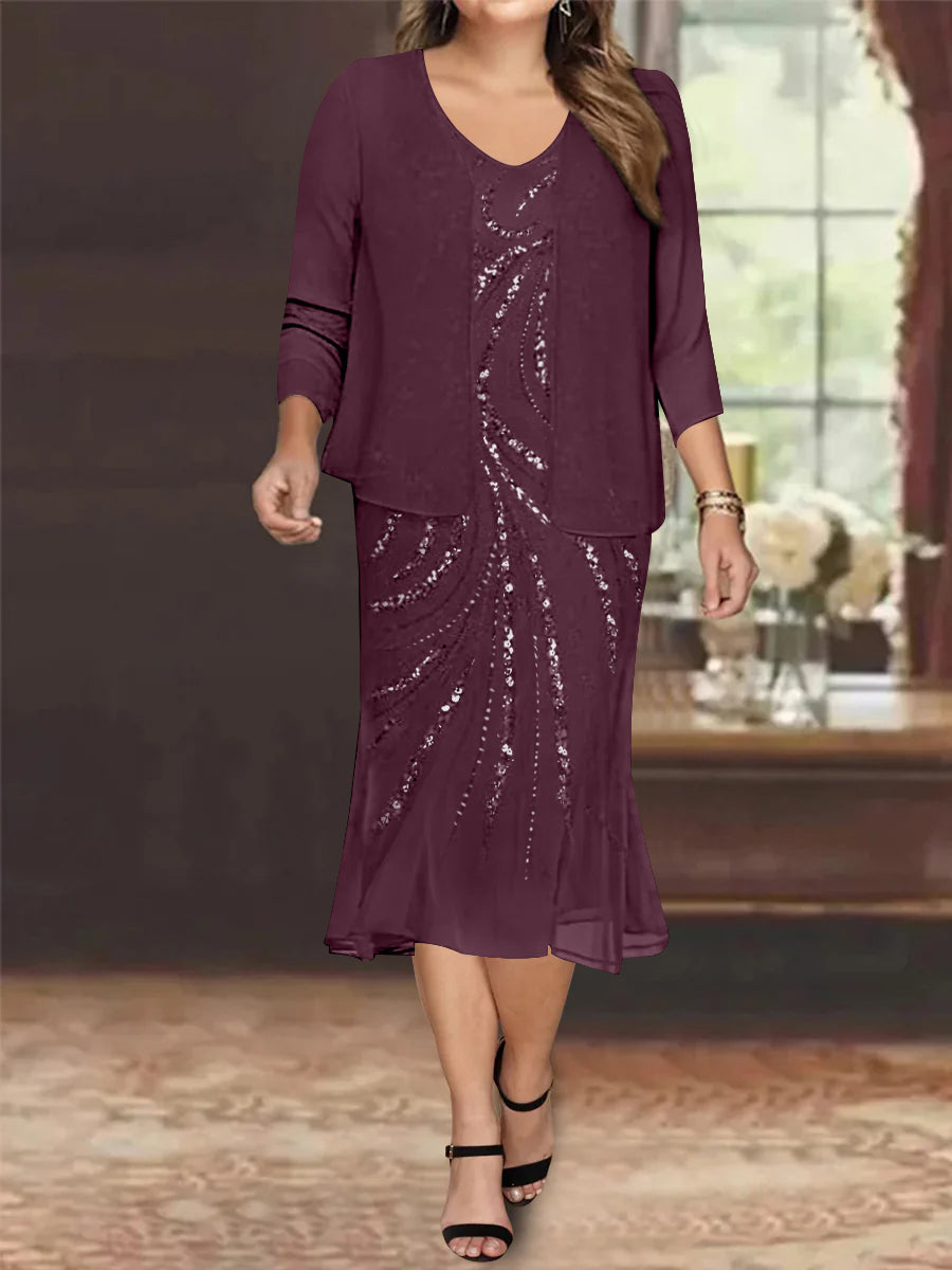 Plus Size V Neck Chiffon Mother of the Bride Dress Set with Jacket and Sequins Knee Length