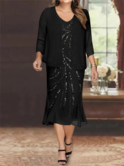 Plus Size V Neck Chiffon Mother of the Bride Dress Set with Jacket and Sequins Knee Length
