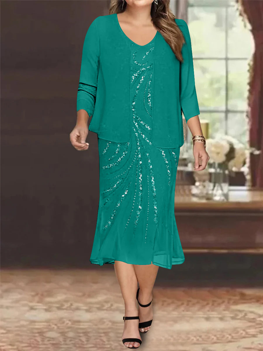 Plus Size V Neck Chiffon Mother of the Bride Dress Set with Jacket and Sequins Knee Length