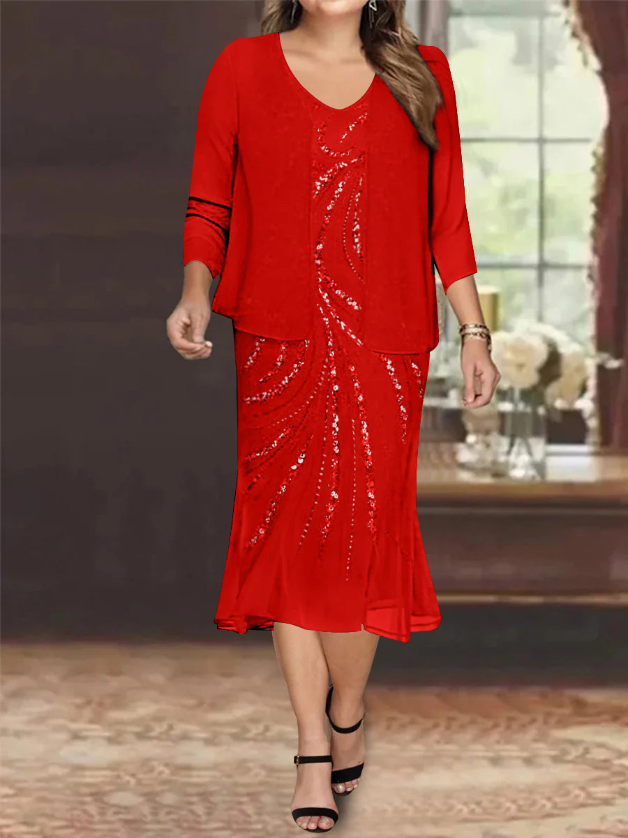 Plus Size V Neck Chiffon Mother of the Bride Dress Set with Jacket and Sequins Knee Length