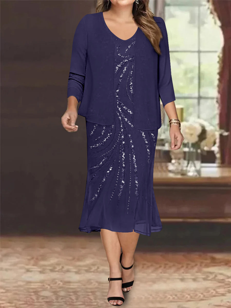 Plus Size V Neck Chiffon Mother of the Bride Dress Set with Jacket and Sequins Knee Length