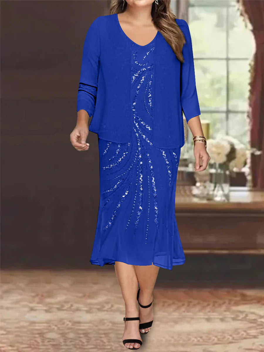 Plus Size V Neck Chiffon Mother of the Bride Dress Set with Jacket and Sequins Knee Length