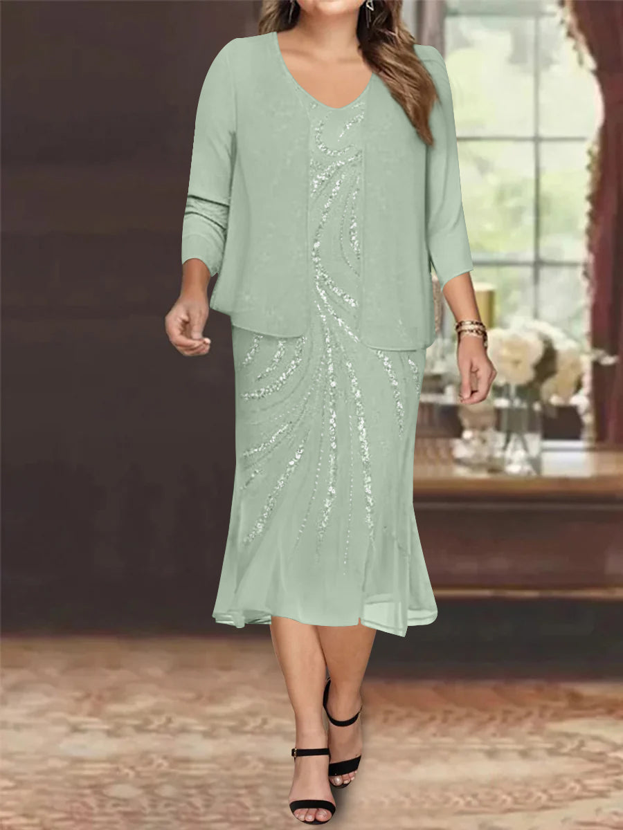 Plus Size V Neck Chiffon Mother of the Bride Dress Set with Jacket and Sequins Knee Length