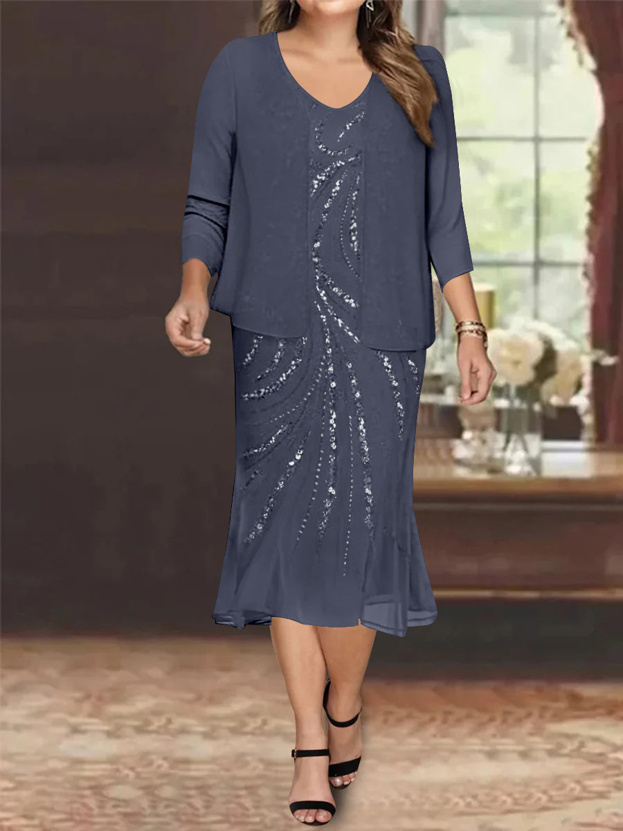 Plus Size V Neck Chiffon Mother of the Bride Dress Set with Jacket and Sequins Knee Length