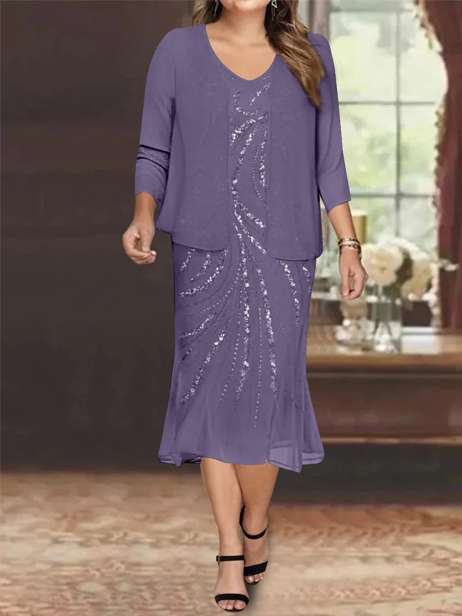 Plus Size V Neck Chiffon Mother of the Bride Dress Set with Jacket and Sequins Knee Length