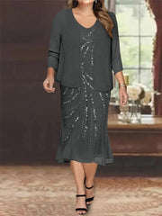Plus Size V Neck Chiffon Mother of the Bride Dress Set with Jacket and Sequins Knee Length
