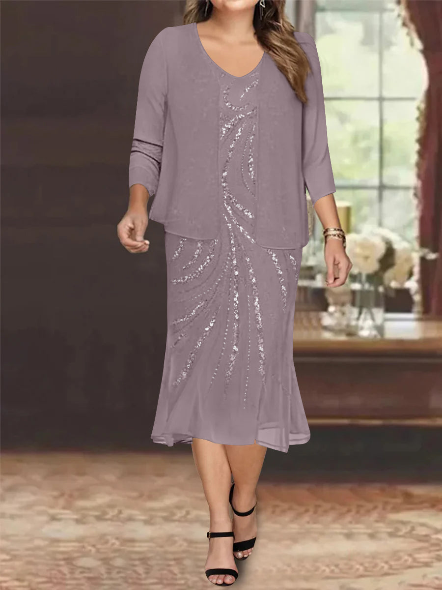 Plus Size V Neck Chiffon Mother of the Bride Dress Set with Jacket and Sequins Knee Length
