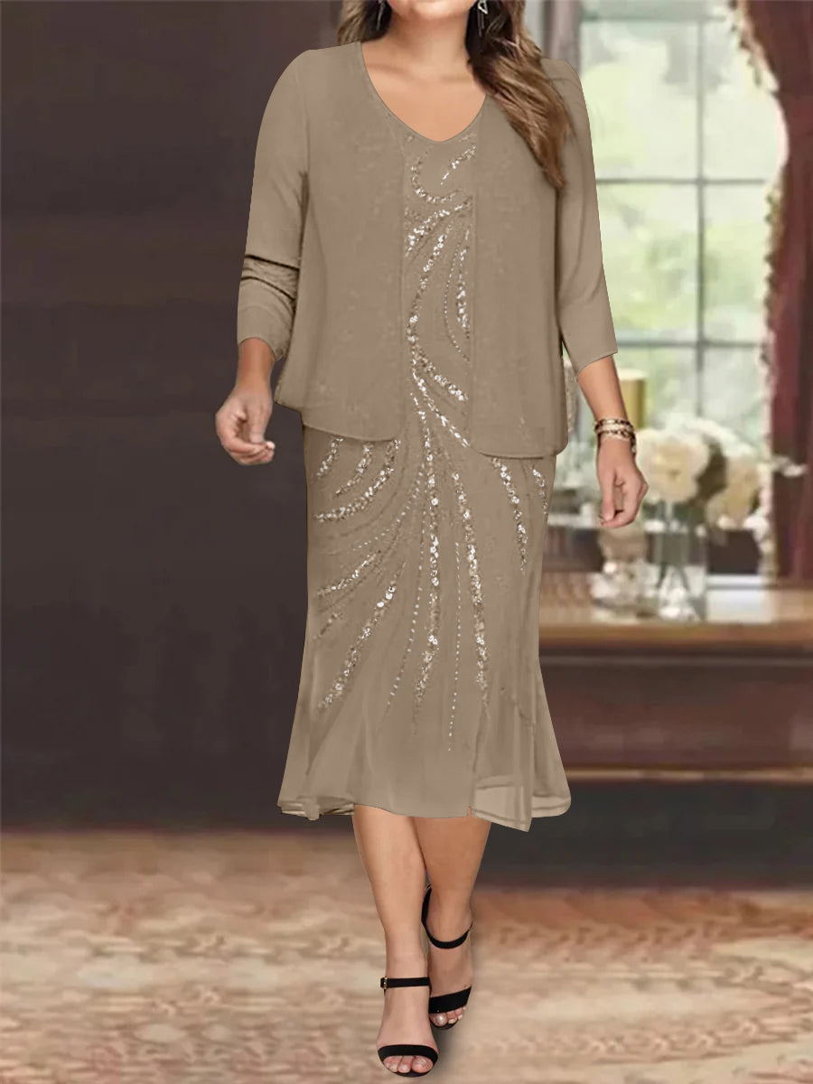 Plus Size V Neck Chiffon Mother of the Bride Dress Set with Jacket and Sequins Knee Length