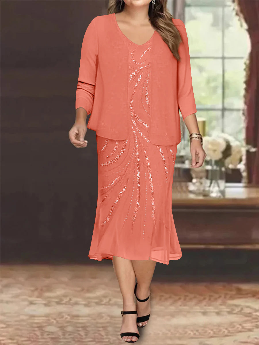 Plus Size V Neck Chiffon Mother of the Bride Dress Set with Jacket and Sequins Knee Length