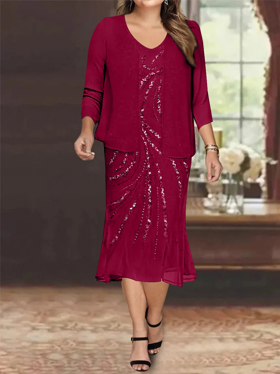 Plus Size V Neck Chiffon Mother of the Bride Dress Set with Jacket and Sequins Knee Length