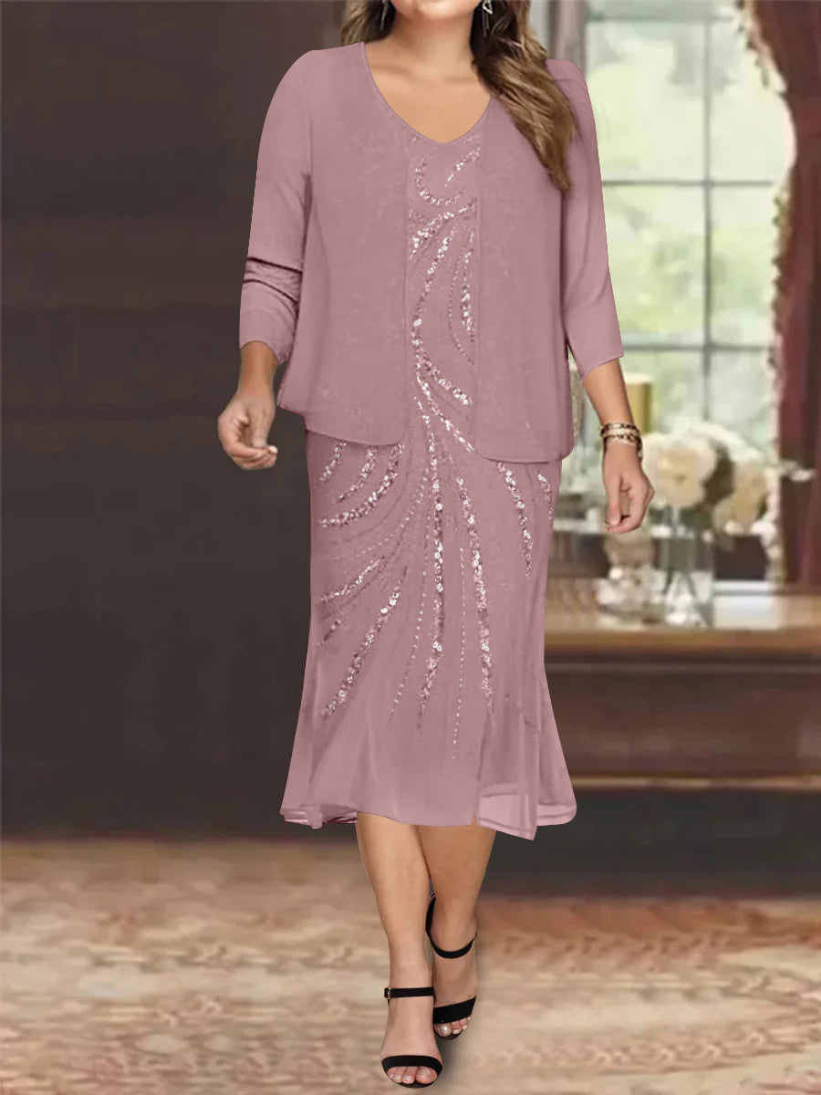 Plus Size V Neck Chiffon Mother of the Bride Dress Set with Jacket and Sequins Knee Length