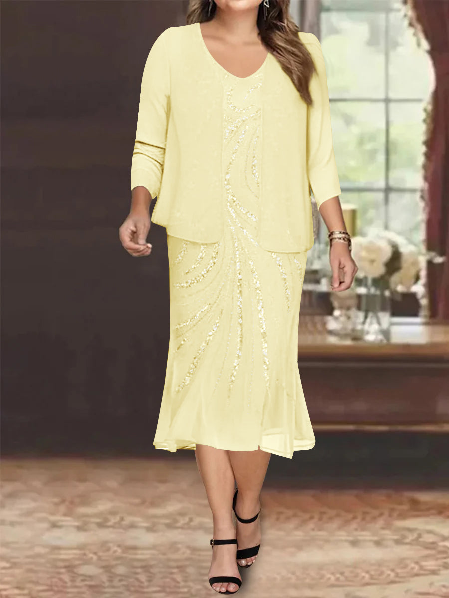 Plus Size V Neck Chiffon Mother of the Bride Dress Set with Jacket and Sequins Knee Length