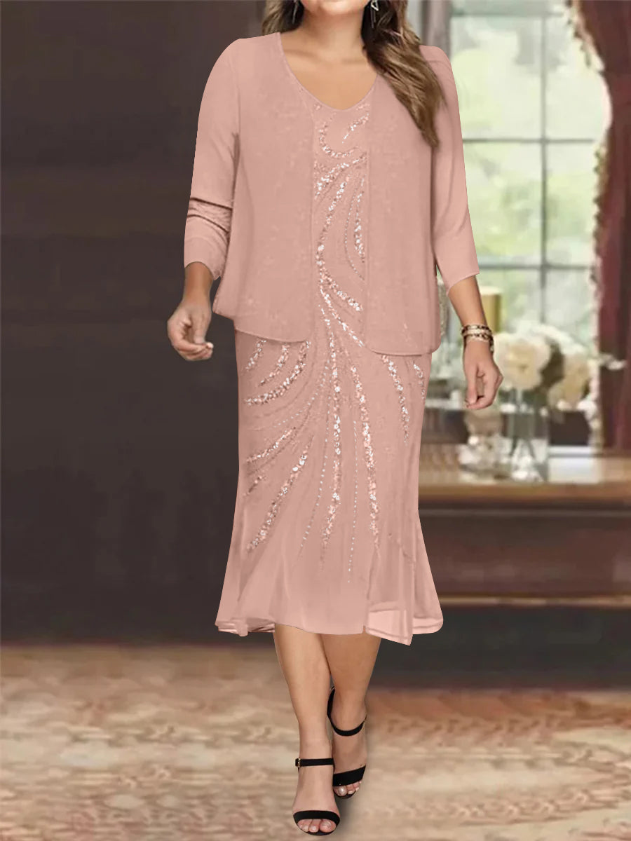 Plus Size V Neck Chiffon Mother of the Bride Dress Set with Jacket and Sequins Knee Length