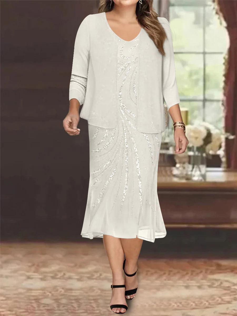 Plus Size V Neck Chiffon Mother of the Bride Dress Set with Jacket and Sequins Knee Length