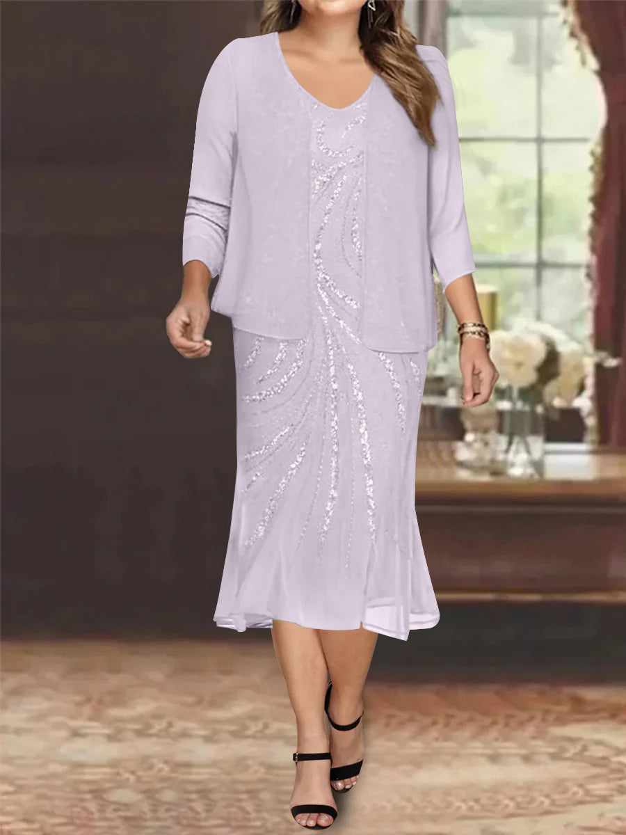 Plus Size V Neck Chiffon Mother of the Bride Dress Set with Jacket and Sequins Knee Length