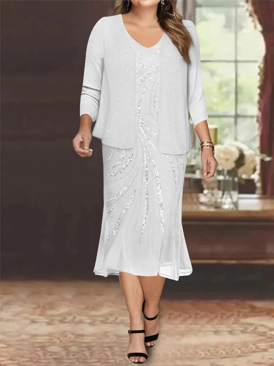 Plus Size V Neck Chiffon Mother of the Bride Dress Set with Jacket and Sequins Knee Length