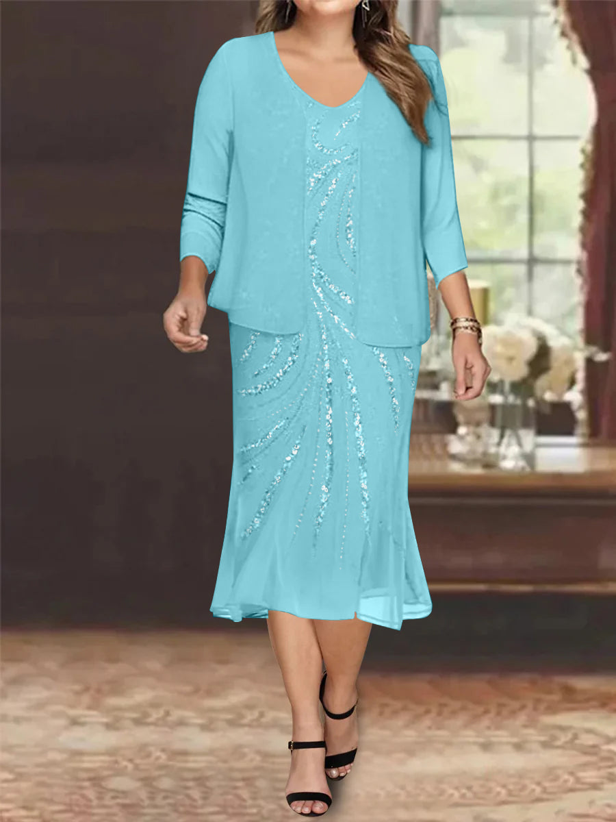Plus Size V Neck Chiffon Mother of the Bride Dress Set with Jacket and Sequins Knee Length