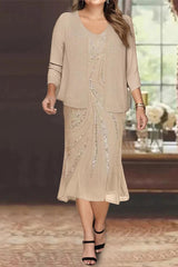 Plus Size V Neck Chiffon Mother of the Bride Dress Set with Jacket and Sequins Knee Length