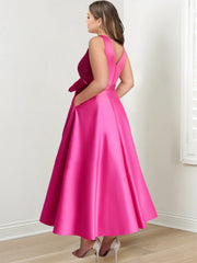 Plus Size V Neck Sleeveless A Line Mother of the Bride Dress with Pockets and Ruffles Ankle Length