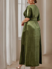 Plus Size Velvet Mother of the Bride A Line Dress with V Neck Half Sleeves and Ruffles