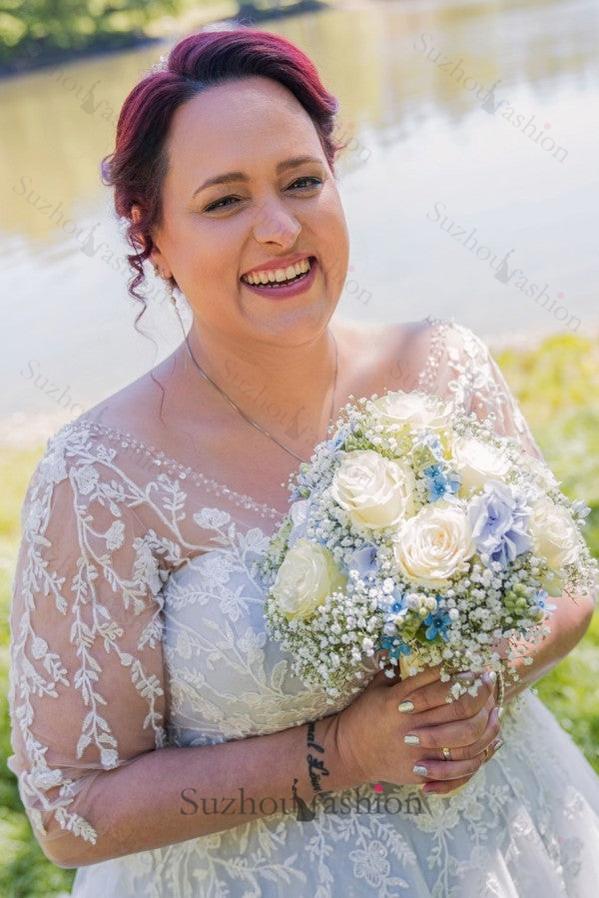 Plus Size Wedding Dress 3/4 Sleeve A Line Tulle Bridal Gown with Lace Appliques