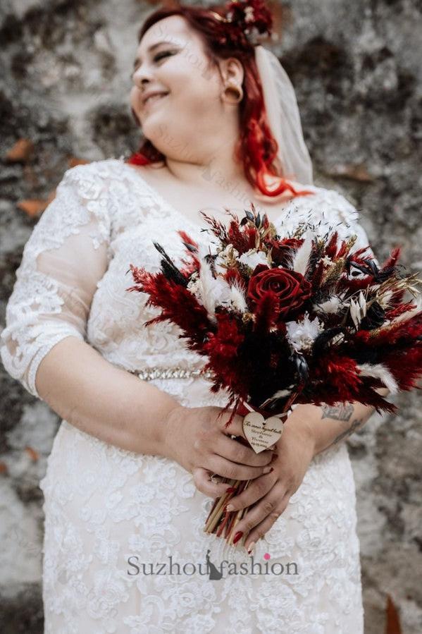 Plus Size Wedding Dress 3/4 Sleeve Tulle Mermaid Bridal Gown with Lace Appliques