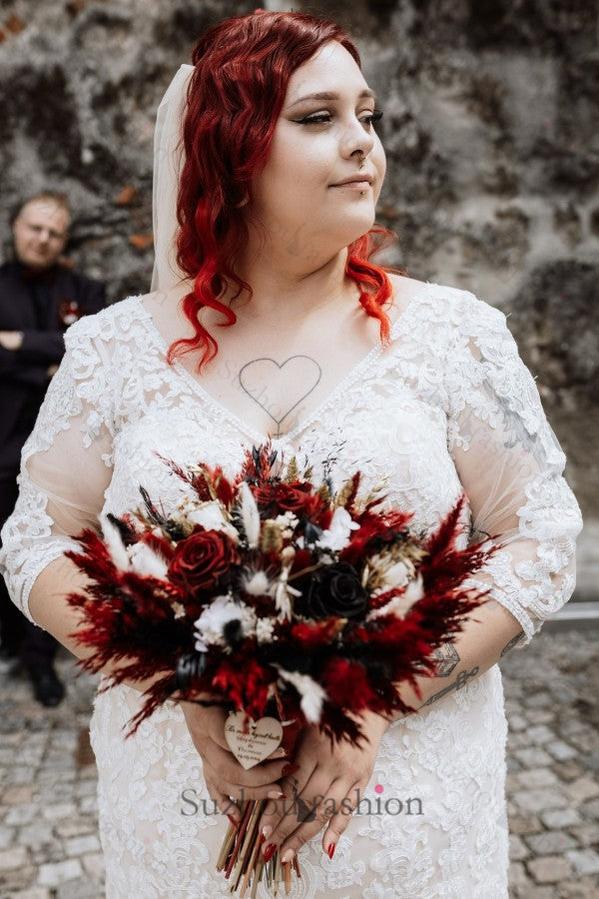 Plus Size Wedding Dress 3/4 Sleeve Tulle Mermaid Bridal Gown with Lace Appliques