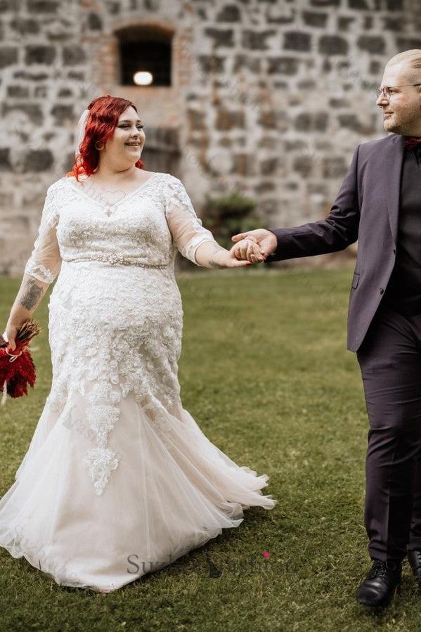 Plus Size Wedding Dress 3/4 Sleeve Tulle Mermaid Bridal Gown with Lace Appliques