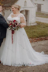 Plus Size Wedding Dress A Line Bateau Neck Half Sleeve Bridal Gown with Lace