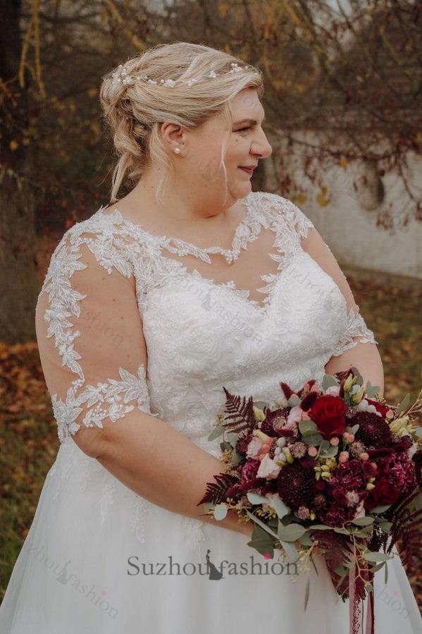 Plus Size Wedding Dress A Line Bateau Neck Half Sleeve Bridal Gown with Lace