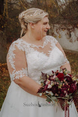 Plus Size Wedding Dress A Line Bateau Neck Half Sleeve Bridal Gown with Lace