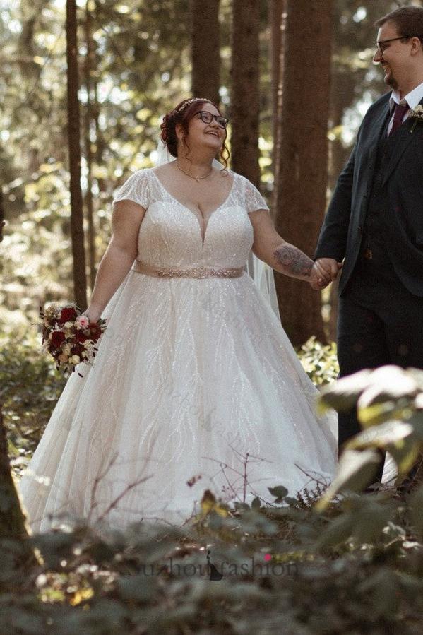 Plus Size Wedding Dress V Neck Sparkly Cap Sleeve A Line Bridal Gown