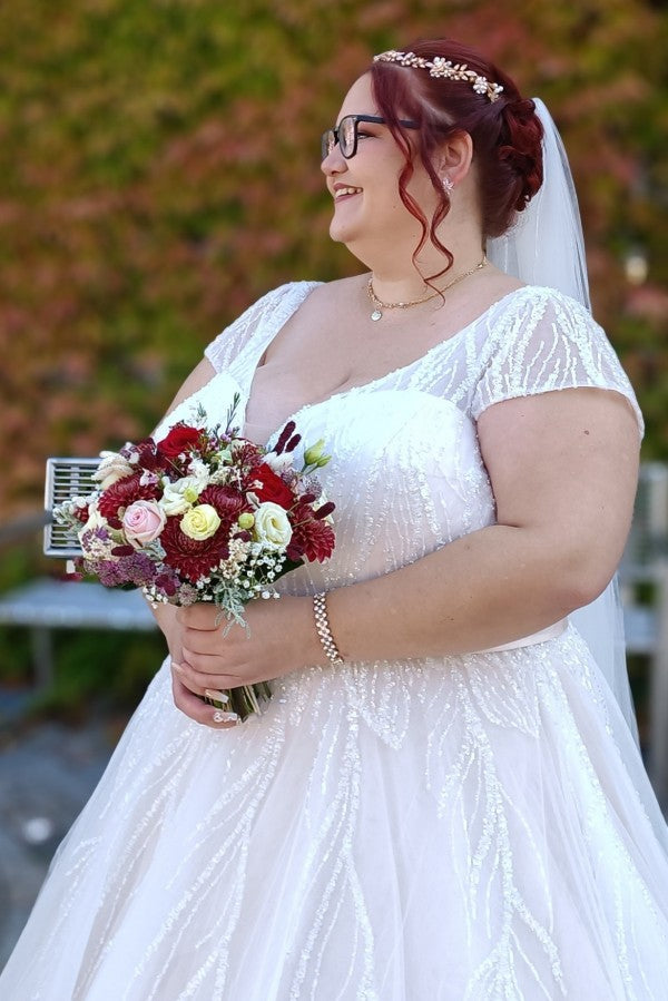 Plus Size Wedding Dress V Neck Sparkly Cap Sleeve A Line Bridal Gown