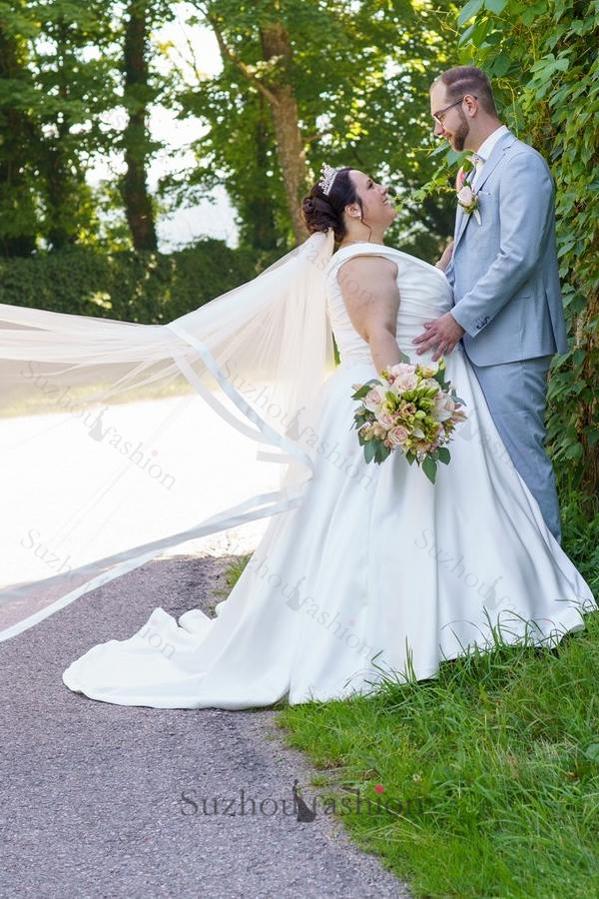 Plus Size Wedding Dresses V Neck A Line Satin Bridal Gowns