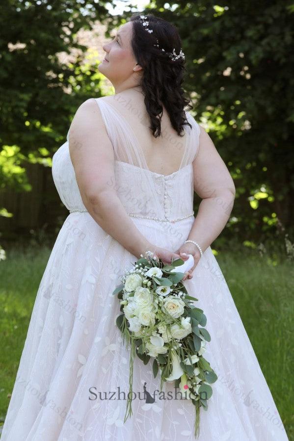 Plus Size Wedding Dresses V Neck A Line Tulle Lace Bridal Gowns